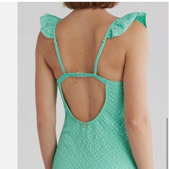 Betsey Johnson Biscay Green 1‎ piece Ruffle strap eyelet Swimsuit size large new - Picture 3 of 6